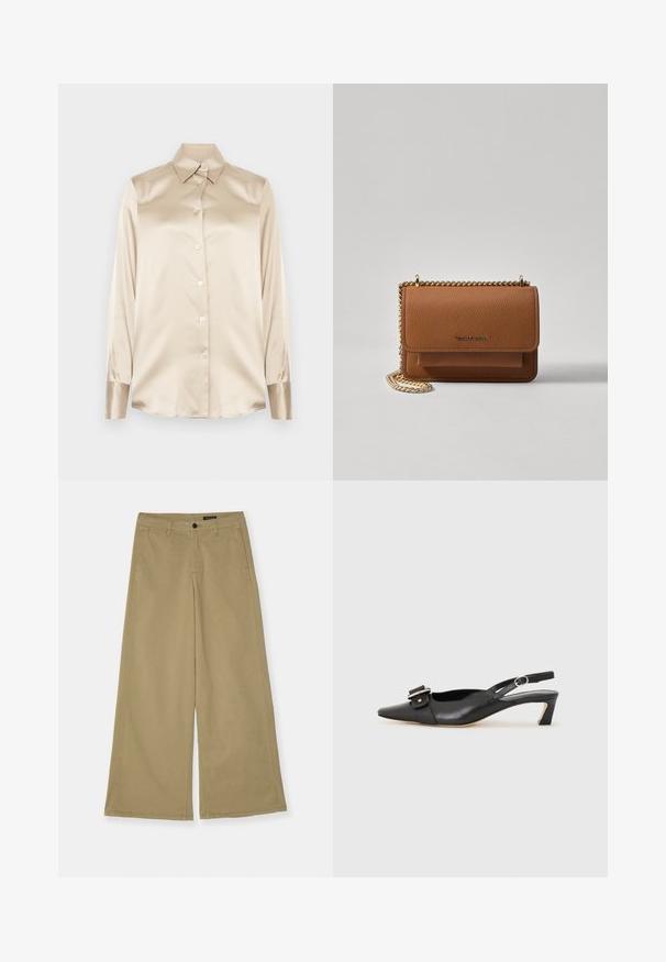 Krémová saténová košile s špičatým límcem, dlouhými rukávy, zapínáním na knoflíky a manžetami s mírně lesklejším povrchem. Bez vzorů nebo akcentů.; Khaki široké kalhoty vyrobené z bavlny, s knoflíkovým zapínáním, bočními kapsami a viditelnými švy. Hladká textura.; Černé kožené sandály s úzkou špičkou, malým podpatkem a dekorativní sponou na nártu. Hladký povrch, minimalistický design.; Hnědá texturovaná kožená kabelka přes rameno se zlatým řetízkovým popruhem a klopnovým uzavíráním. Přední strana obsahuje detail loga a kapsu pod klopou.