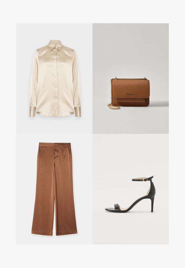 Beige satiinipaita, jossa on terävä kaulus, täyspitkät hihat, nappikiinnitys ja hihoissa hieman kiiltävä pinta. Ei kuvioita tai koristeita.; Ruske leve hlače iz satena, ki imajo stranske žepe, gladko teksturo in oblikovan pas za strukturirano prileganje.; Musta nahkainen korkokenkä nilkkahihnalla. Sen pinta on sileä, avotoppi ja ohut korko. Kultasävyinen solk yksityiskohtana.; Ruskean teksturoidun nahkasta valmistettu crossbody-laukku, jossa on kultaketjuhihna ja läppäkiinnitys. Edessä on logodetail ja tasku läppäisen alla.