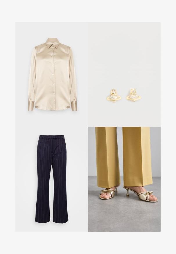 Béžová saténová košela s špicatým golierom, dlhými rukávmi, zapínaním na gombíky a manžetami v mierne lesklejšom prevedení. Bez vzorov alebo akcentov.; DESIGNERS REMIX ZOE PANTS - Nohavice - navy/white; Stuart Weitzman FELICITY BOW SLIDE - Šľapky na opätku - platino; Náušnice so zlatým odtieňom v tvare Saturna s textúrovaným pásom a osadenými kruhovými kryštálmi pre väčší lesk.