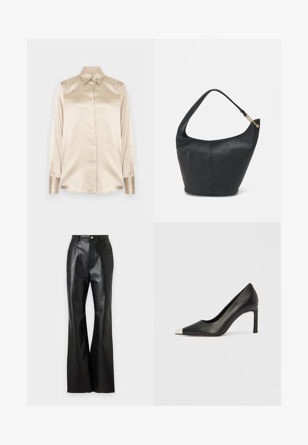 Beżowa satynowa koszula z ostro zakończonym kołnierzykiem, długimi rękawami, zapięciem na guziki i mankietami o nieco błyszczącym wykończeniu. Brak wzorów lub akcentów.; Czarne skórzane spodnie o rozszerzanym kroju z gładkim wykończeniem, z kieszeniami z przodu i kontrastowym przeszyciem. Posiadają zapięcie na guzik i usztywniony pas.; Czarny skórzany but na wysokim obcasie z ostrym noskiem i metaliczną srebrną nasadką. Posiada gładkie wykończenie i smukły obcas o wysokości 10 cm.; Czarna skórzana torebka o okrągłym kształcie, z szerokim paskiem i teksturowanym wykończeniem. Posiada subtelny detal szwu i akcenty w odcieniu złota.