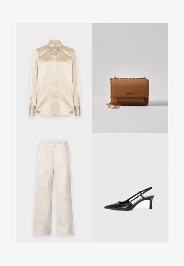 Camisa de satén beige con cuello puntiagudo, mangas de largo completo, cierre de botones y puños con un acabado ligeramente más brillante. Sin patrones ni acentos.; Pantalones de pierna ancha de color beige claro con rayas verticales, cinturilla elástica y dobladillos acampanados. Fabricados con una tela suave y lisa.; Tacón slingback negro de charol con punta afilada, que presenta un estampado de serpiente texturizado, correa ajustable y un tacón bloque corto y texturizado.; Bolso crossbody de cuero texturizado marrón con correa de cadena dorada y cierre de solapa. La parte frontal presenta un detalle de logo y un bolsillo debajo de la solapa.
