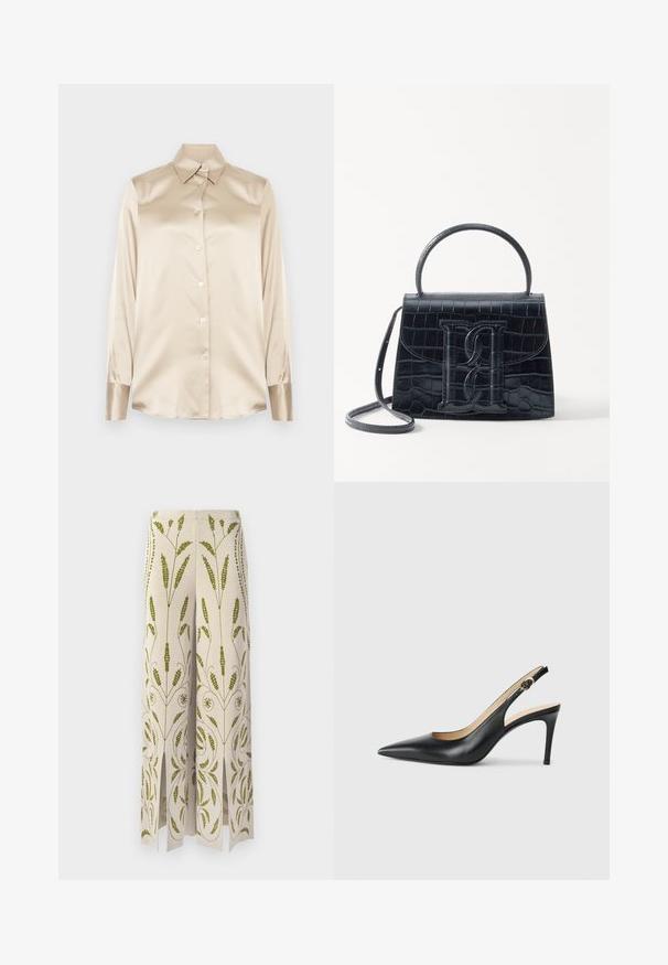 Beige Satinhemd mit spitzem Kragen, langen Ärmeln, Knopfverschluss und Manschetten in einem etwas glänzenderen Finish. Keine Muster oder Akzente.; Culotte-Hosen aus cremefarbenem Stoff mit grüner floralem Stickerei. Verfügt über Schlitze am Saum und komplexe botanische Muster.; Schwarze Leder-Slingback-High-Heels mit spitzem Zehenbereich, verstellbarem Riemen und schlankem Stiletto-Absatz, ausgestattet mit einer glatten Oberfläche.; Schwarze Handtasche aus Krokodilprägung mit strukturiertem Design, Oberhandgriff, verstellbarem Tragegurt und einem auffälligen Logo-Detail auf der Vorderseite.