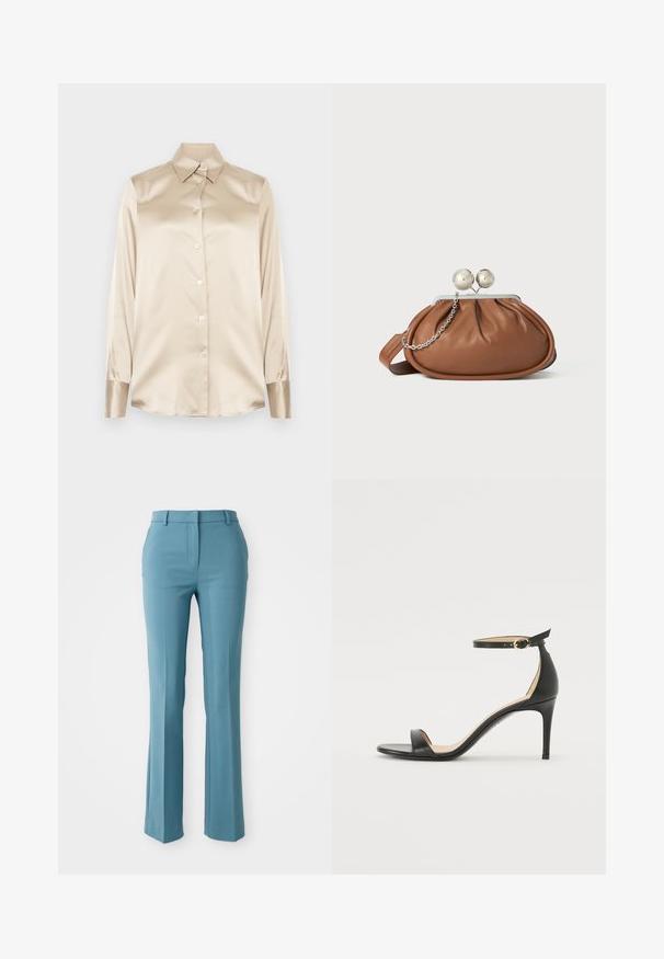 Bež satenasta srajca z ostrim ovratnikom, dolgimi rokavi, z zapiranjem na gumbe in manšetami v nekoliko bolj sijočem finishtu. Brez vzorcev ali dodatkov.; Prilagojeni hlače iz svetlo teal tkanine, z ravnim krojem, ravnim sprednjim delom in zankami za pas. Gladka tekstura z detajli gub.; Črne usnjene sandale s peto, ki imajo priponko za gleženj. Imajo gladko teksturo, odprt prst in tanek peto. Podrobnost z zlatim sponko.; Rjava usnjena torbica z srebrnim krogličnim zapiranjem in majhno srebrno verigo na beli podlagi.