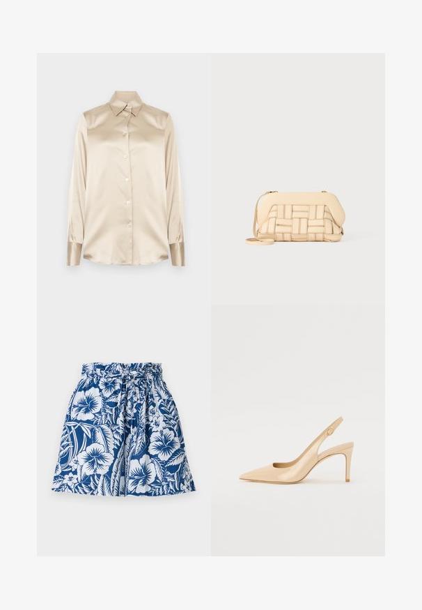 Smėlio spalvos satino marškiniai su smailiu apykakle, pilno ilgio rankovėmis, sagų uždarymu ir šiek tiek blizgesniais rankogaliais. Be raštų ar akcentų.; Mėlynos ir baltos gėlėtos šortai su elastine juosta, raišteliu ir platėjančiu dizainu. Pagaminti iš lengvos medžiagos.; Nude patentinės odos slingback kulniukai su smailiu pirštu, atviru vampu ir plonu stiletu. Papuošta apvaliu auksiniu akcentu ant dirželio.; Austintais bežinis rankinukas su struktūrizuotu dizainu, turintis lygią viršutinę dalį ir ilgas diržas. Tekstūruoti elementai pagerina bendrą išvaizdą.