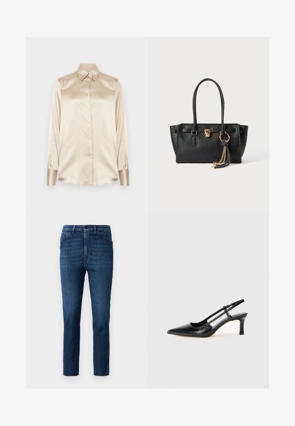 Bež satenasta srajca z ostrim ovratnikom, dolgimi rokavi, z zapiranjem na gumbe in manšetami v nekoliko bolj sijočem finishtu. Brez vzorcev ali dodatkov.; Modre slim-fit jeans s klasičnim pet-pocket dizajnom in zapiranjem na gumb, ki se ponašajo z diskretnim zbledelostjo in čistim ravnim krojem.; Črne lakaste slingback pete s koničastim nosom, ki imajo teksturiran vzorec kačje kože, nastavljiv trak in kratek teksturiran blok peto.; Črna usnjena torbica z dvojno ročajema, zlatim ključavnico in detajlom verige, ter dodatkom črno-belih rese na belem ozadju.