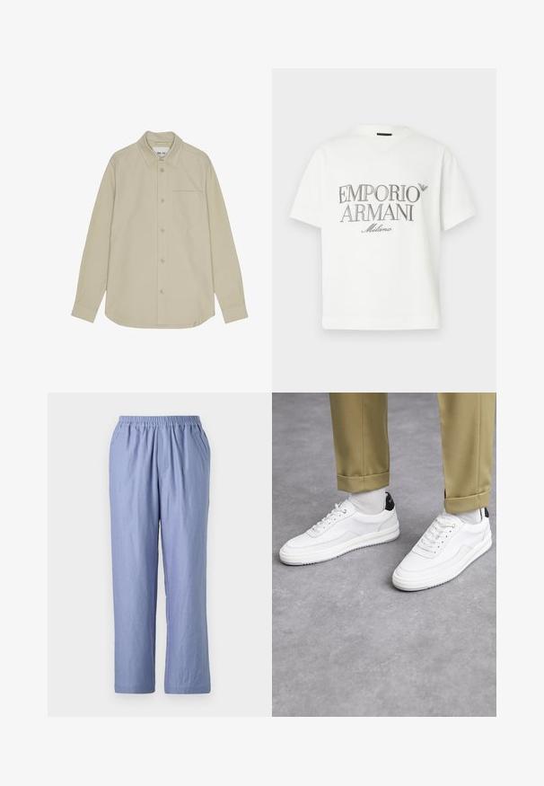 Beige long-sleeve button-up shirt with a pointed collar, single chest pocket, and subtle texture. Features contrasting buttons and neat stitching.; White cotton t-shirt featuring a large grey "Emporio Armani Milano" logo on the front and a small logo on the upper left side.; Light blue, loose-fit trousers with an elastic waistband, two side pockets, and straight legs. Made from soft fabric with a smooth texture.; White sneakers with a textured leather finish, rounded toe, and black heel accent. Rubber sole with small tread pattern and stitched detail.