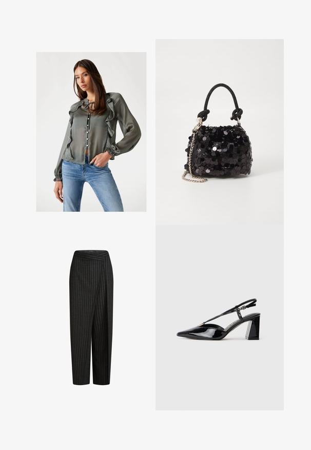 Genomskinlig grå blus med volangdetaljer, långa ärmar, knytning vid halsen och knappar fram, kombinerad med blå jeans för en avslappnad look.; Svarta randiga byxor med bred bendesign, i en cropped längd och en vikt midja för en skräddarsydd look. Mjuk tygtextur.; Svarta patenterade läder slingback högklackade skor med spetsig tå, justerbar rem och kraftig rektangulär klack.; Svart paljett mini-handväska med en knuten texturerad rem och silverkedja. Rund form med samlad topp och reflekterande detaljer.