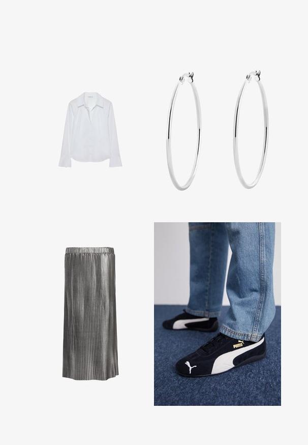 Witte lange mouw blouse met een kraag, knopen aan de voorkant, twee borstzakken, rechte zoom en iets uitlopende mouwen, gemaakt van een gladde stof.; Metallische plooienrok met een elastische tailleband; beschikt over een vloeiende silhouet in glanzend zilver fabric, met verticale textuur.; Zwarte suède sneakers met witte accenten, voorzien van een gouden logo. Gemaakt met lichtblauwe spijkerbroek en geplaatst op een textuur blauwe ondergrond.; Zilveren oorringen met een gladde, gepolijste oppervlakte en een dunne, ronde vorm. Het ontwerp heeft een veilige sluiting.