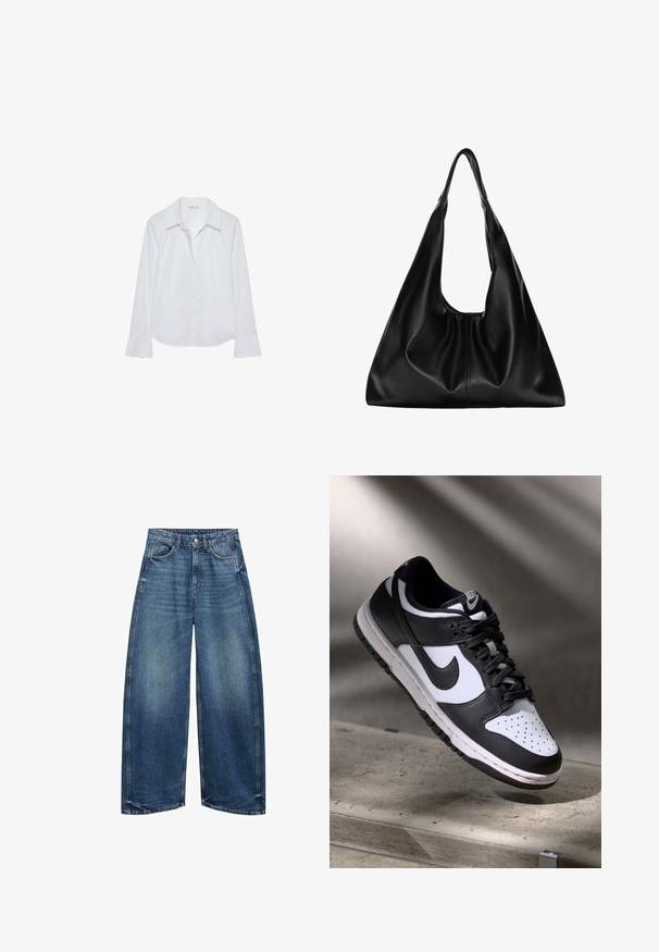 Bílá košile s dlouhým rukávem, límečkem, zapínáním na knoflíky, dvěma náprsními kapsami, rovný lem a mírně rozšířenými rukávy, vyrobená z hladkého materiálu.; Jeany z modrého denimu s širokými nohavicemi, vysokým pasem, zakončenými lemy a klasickým pětikapsovým designem. Materiál má mírně vybledlý vzhled.; Černobílé tenisky Nike Dunk Low s koženým svrškem, perforovanou špičkou a černými tkaničkami, s bílou podrážkou a akcenty loga.; Černá kožená hobo taška s měkkým, zakřiveným tvarem. Obsahuje široké horní ucho a na základně se shromažďuje, což vytváří uvolněnou texturu.