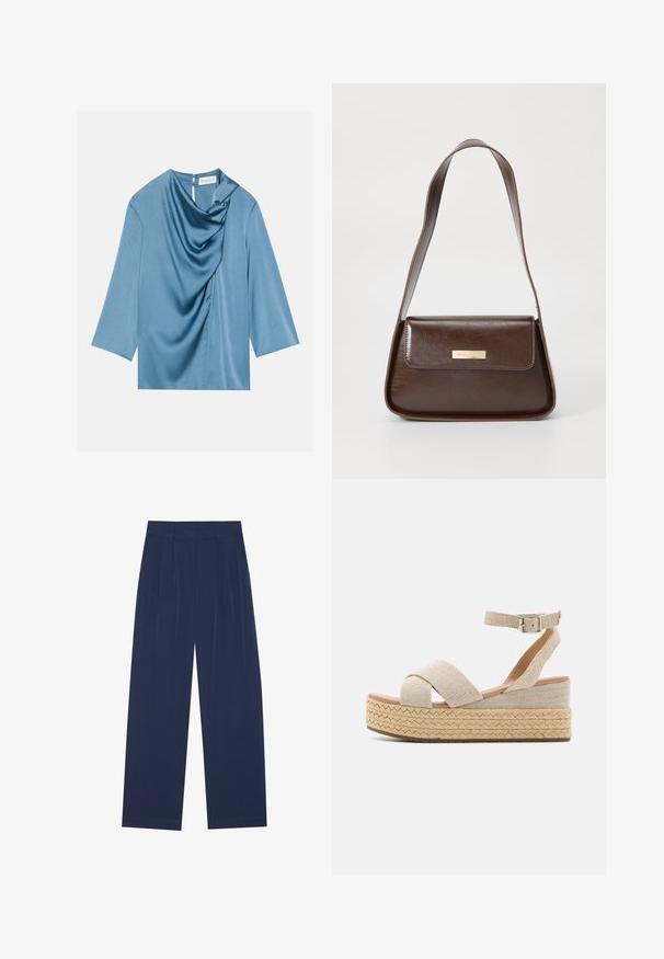 Sinine satiinist pluus, millel on drapeeritud esiosa, ümmargune kaelus ja kolmveerandsleeved. Sile tekstuur õrnalt läikiv ja tagumine võtmeaugu detail.; Tumedat sinised laiad püksid pehmest kangast, millel on esipleekid, sile pind ja sirge lõige, ilma nähtavate taskuteta.; Bež espadrille platvorm sandaalid, millel on kootud tekstiilist ülemine osa, ristikujulised rihmad, pahkluu pandla ja tekstureeritud jute-kattega tald.; Pruun nahast õlalina, millel on struktureeritud kuju, magnetist klapiga sulgemine ja esiküljel metallne logo aksessuaar.