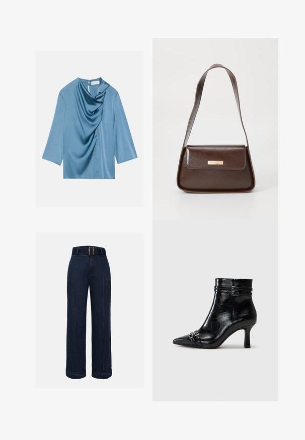 Blouse en satin bleu avec un devant drapé, un col rond et des manches trois-quarts. Texture lisse avec un léger éclat et un détail en trou de serrure au dos.; Jean coupe large taille haute bleu foncé avec ceinture, présentant des coutures contrastées et des ourlets retroussés.; Tamaris Bottines compensées - black; Sac à épaule en cuir marron avec une forme structurée, doté d'une fermeture à rabat magnétique et d'un accent de logo métallique à l'avant.