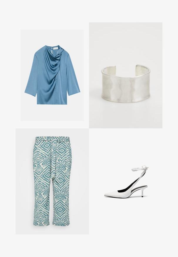 Modra satenska bluza z drapiranim sprednjim delom, okroglim izrezom in tremi četrtinami rokavov. Gladka tekstura z subtilnim sijajem in ključavnico na hrbtni strani.; Lahke skrajšane hlače z geometrijskim modrim in belim vzorcem, ki imajo zavezan pas in gladko teksturo.; Bele stiletto sandale z odprtim nosom in tankim zapenjanjem okoli gležnja. Gladek usnjen material, tanki stiletto pete in črna notranja podloga.; Zign Zapestnica - silver-coloured