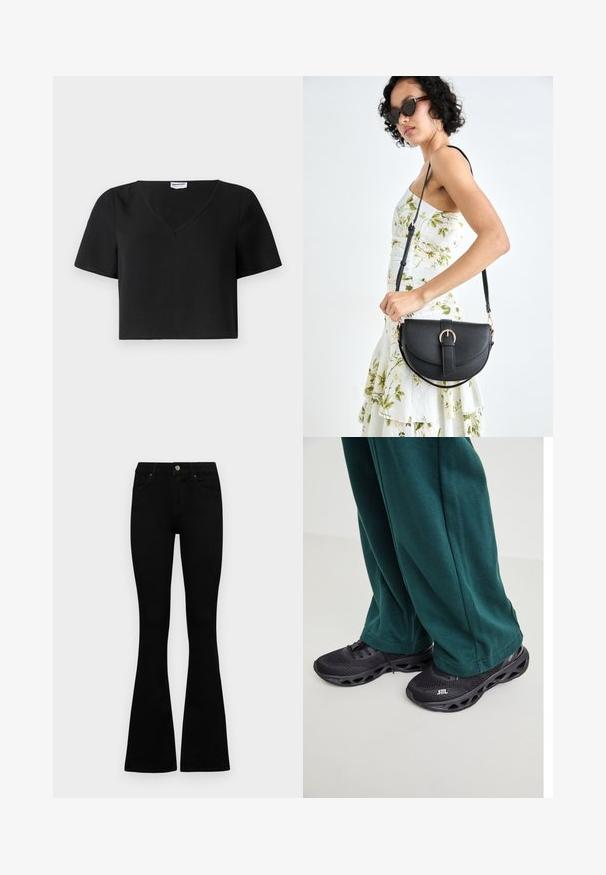 Schwarzes, kurz geschnittenes Top aus strukturiertem Stoff mit V-Ausschnitt, kurzen Ärmeln und geradem Saum. Einfaches Design mit minimalen Akzenten.; Schwarze hochtaillierte Jeans mit einem Knopf- und Reißverschluss, Fronttaschen und ausgestellten Beinen, flach auf einem weißen Hintergrund ausgelegt.; Schwarze Sportschuhe mit einem Mesh-Obermaterial, ausgestattet mit einer gepolsterten Sohle und einzigartigen Ausschnitten. Kombiniert mit lockeren grünen Sweatpants.; Schwarze Lederhandtasche mit geschwungener Form, abnehmbarem Tragegurt und goldenen Beschlägen. Die Tasche verfügt über einen Deckel mit einer Schnallen-Details.