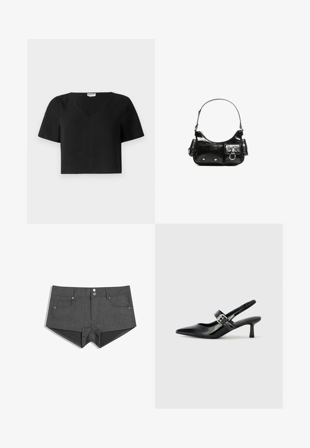 Crni uski top s teksturiranim materijalom ima V-izrez, kratke rukave i ravno donje rub. Jednostavan dizajn s minimalnim detaljima.; Sivi traper kratke hlače s dva prednja džepa, dva prednja dugmeta i prilagođenim dizajnom. Tkanina ima glatku teksturu.; Crne lakirane slingback potpetice s oštrim prstom i malom blok petom, s naglaskom na srebrnoj kopči na remenu.; Crna patentna kožna torba s zakrivljenim oblikom, jednim remenom za rame, prednjim džepovima i akcentima od srebrnog tona.