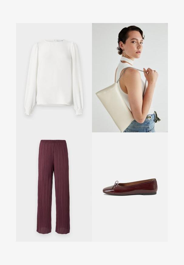 White long-sleeve blouse made from lightweight fabric, featuring a rounded neckline, gathered puff sleeves, and elastic cuffs.; Plisse trousers in deep burgundy with an elastic waistband, featuring a flowing, wide-leg design and vertical pleats throughout.; Burgundy patent leather ballet flat with a rounded toe, small bow accent at the front, and a low, black rubber sole. Smooth texture.; White rectangular clutch bag made of glossy material, featuring a silver chain strap. Model poses, showcasing the bag against a plain background.
