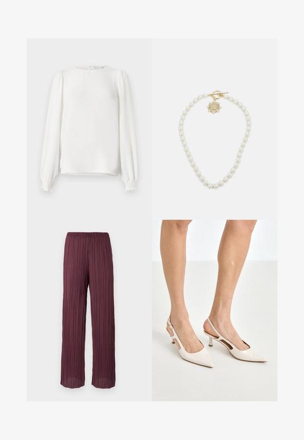Biała bluzka z długim rękawem, wykonana z lekkiej tkaniny, z okrągłym dekoltem, marszczonymi rękawami i elastycznymi mankietami.; Spodnie plisse w głębokim burgundzie z elastycznym pasem, charakteryzujące się luźnym krojem w szerokie nogawki oraz pionowymi plisami na całej długości.; Beżowe lakierowane szpilki z odkrytą piętą, zakończone spiczastym noskiem i 5 cm obcasem, z wyciętymi bokami oraz cienkim paskiem na kostce.; Lauren Ralph Lauren - Naszyjnik