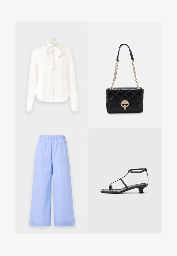 Biela blúzka s dlhým rukávom z ľahkého materiálu s vysokým golierom a veľkým uzlom na krku, pričom má zapínanie na gombíky vpredu.; By Malene Birger MIRABELLO - Nohavice - blue iris; Čierna kožená sandála so štvorcovou špičkou, tenkými popruhmi, nastaviteľným pásikom okolo členka a nízkym podpätkom. Obsahuje malý zlatý akcent na popruhu.; Čierna prešívaná kožená kabelka so zlatým reťazovým popruhom, s okrúhlym zámkom na zapínanie. Kompaktný obdĺžnikový tvar so hladkým povrchom.