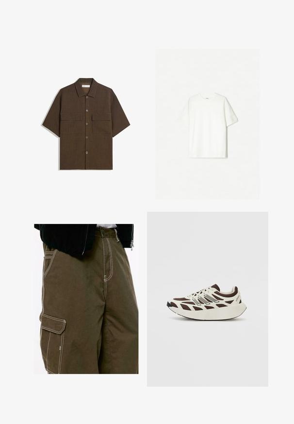 Camicetta a manica corta di colore marrone scuro realizzata in tessuto testurizzato. Presenta una chiusura a bottoni e due tasche sul petto. Design casual con vestibilità rilassata.; T-shirt bianco a maniche corte, realizzato in cotone morbido. Design a girocollo con una vestibilità comoda e senza loghi o motivi visibili.; Primo piano di pantaloni cargo verde oliva scuro con impunture bianche a contrasto e una linguetta della tasca laterale, indossati con una giacca nera e una camicia bianca.; Sneaker marrone e crema con tomaia in rete, sovrapposizioni testurizzate e una suola bianca spessa e arrotondata. Presenta una linguetta a profilo basso e lacci.