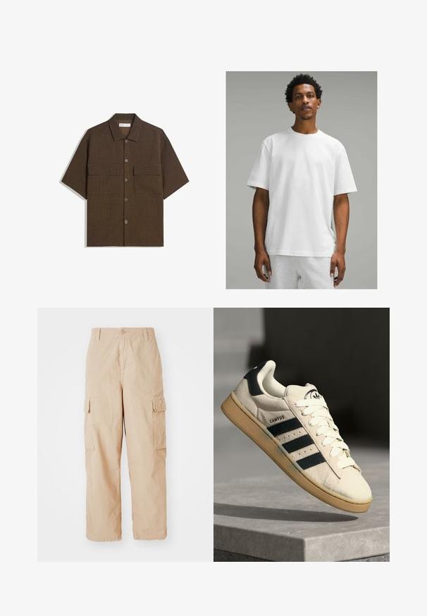 Lyhytnuoriset, tummanruskeat paidat on valmistettu teksturoidusta kankaasta. Siinä on nappisuljenta edessä ja kaksi rintataskua. Rentoa muotoilua ja väljä istuvuus.; Valkoinen puuvillapaita, jossa on lyhyet hihat, pyöreä kaula-aukko ja väljä malli. Suuri pinta, yksinkertainen muotoilu, ei näkyviä kuvioita tai yksityiskohtia.; Beige cargo-housut rentoa istuvuutta, valmistettu kevyestä kankaasta, jossa on kaksi sivutaskua ja nappisulku vyötäröllä.; Beige mokkanahka lenkkarit, joissa on kolme tummansinistä raitaa, valkoiset nauhat ja vaaleanruskea kumipohja. Kengissä on logo kielessä ja "CAMPUS"-teksti.