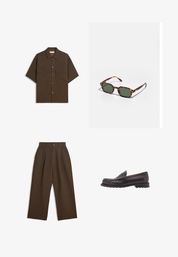 Camicetta a manica corta di colore marrone scuro realizzata in tessuto testurizzato. Presenta una chiusura a bottoni e due tasche sul petto. Design casual con vestibilità rilassata.; Pantaloni a pieghe marroni con taglio a gamba larga, dotati di chiusura con bottone e tasche laterali, realizzati in tessuto testurizzato adatto per un abbigliamento casual.; Mocassini in pelle marrone con punta arrotondata, dettagli cuciti e suola in gomma bassa. Finitura liscia con una leggera lucentezza.; Occhiali da sole tartarugati con lenti verdi, dotati di una forma ottagonale e bracci sottili e curvi. Il materiale ha una finitura lucida.
