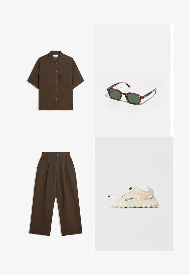 Kortärmad, mörkbrun skjorta gjord av texturerad tyg. Har en knapp-för-upp-front och två bröstfickor. Avslappnad design med en ledig passform.; Bruna veckade byxor med en vid bendesign, med knappstängning och sidofickor, tillverkade av textil med struktur som passar för avslappnad användning.; Lätta sneakers med ett mesh-överkropp i beige och vitt, med en texturerad sula, elastiskt snörsystem och framträdande hälstöd.; Sköldpaddsbeslag av solglasögon med gröna linser, vinklade i en oktagonal form och med smala, böjda skalmar. Materialet har en glansig yta.