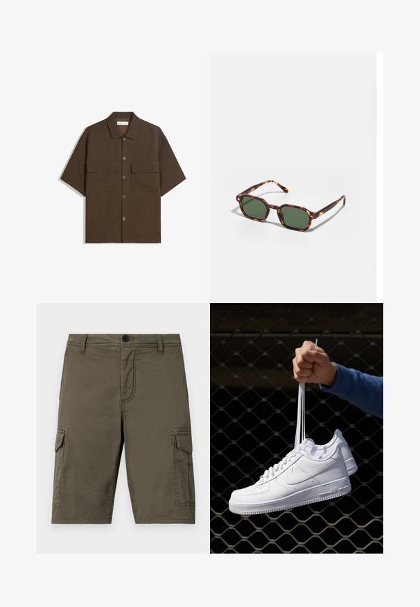 Camicetta a manica corta di colore marrone scuro realizzata in tessuto testurizzato. Presenta una chiusura a bottoni e due tasche sul petto. Design casual con vestibilità rilassata.; Pantaloni cargo verde oliva realizzati in tessuto texture, con due tasche laterali e chiusura anteriore con bottone. Lunghezza media con taglio dritto.; Sneakers in pelle bianca con perforazioni, punta rotonda, suola piatta e lacci spessi, con logo swoosh visibile e "AIR" sul tallone.; Occhiali da sole tartarugati con lenti verdi, dotati di una forma ottagonale e bracci sottili e curvi. Il materiale ha una finitura lucida.