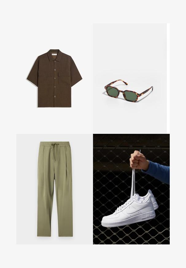 Short-sleeve, dark brown shirt made of textured fabric. Features a button-down front and two chest pockets. Casual design with a relaxed fit.; Olive green pants with an elastic waistband and drawstring. Features a smooth texture and pleated design for a relaxed fit.; White leather sneakers with perforations, round toe, flat sole, and thick laces, featuring a visible swoosh logo and "AIR" on the heel.; Tortoiseshell sunglasses with green lenses, featuring an octagonal shape and slim, curved arms. Material has a glossy finish.