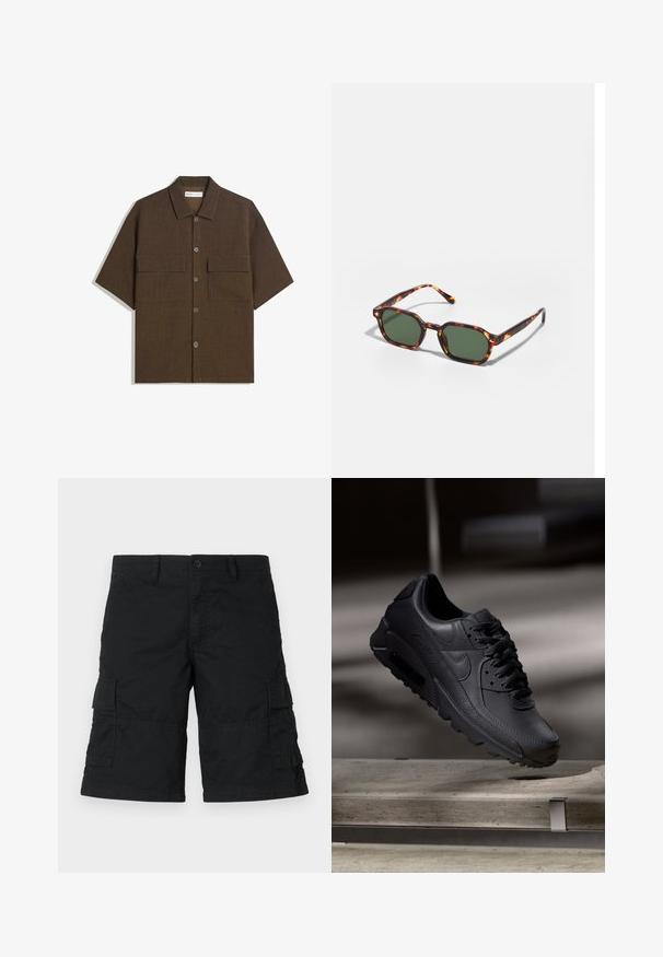 Korte mouwen, donkervogel shirt van textuurstof. Voorzien van een knoopsluiting aan de voorkant en twee borstzakken. Casual ontwerp met een relaxte pasvorm.; Zwarte cargoshorts van lichtgewicht stof; voorzien van twee zijzakken en twee klepzakken; recht gesneden ontwerp met een losse fit.; Zwarte Nike Air Max sneakers met een bovenwerk van gestructureerd leer, rubberen zool en een opvallend vetersysteem, dat een strakke, moderne uitstraling heeft.; Tortoiseshell zonnebrillen met groene glazen, met een octagonaal formaat en slanke, gebogen armen. Materiaal heeft een glanzende afwerking.