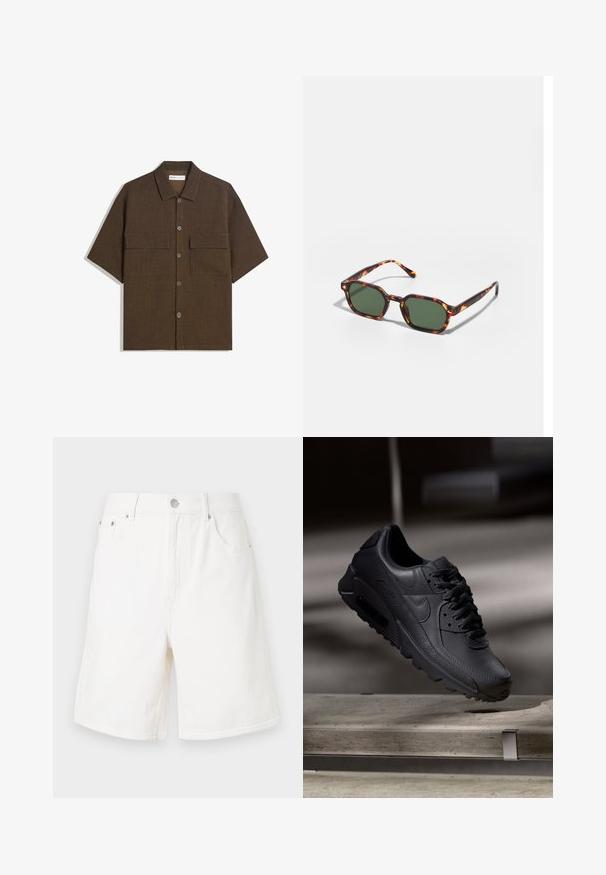Kurzärmliges, dunkelbraunes Hemd aus strukturiertem Stoff. Verfügt über eine Knopfleiste und zwei Brusttaschen. Lässiges Design mit entspannter Passform.; Weiße Denim-Shorts mit geradem Schnitt, fünf Taschen und silberner Knopfverschluss. Verfügt über eine robuste Textur und gesäumte Kanten.; Schwarze Nike Air Max Sneaker mit einem strukturierten Leder-Obermaterial, Gummisohle und auffälligem Schnürsystem, das ein schlankes, modernes Design präsentiert.; Schildpatt-Sonnenbrille mit grünen Gläsern, in einer achteckigen Form und schlanken, gebogenen Bügeln. Das Material hat eine glänzende Oberfläche.