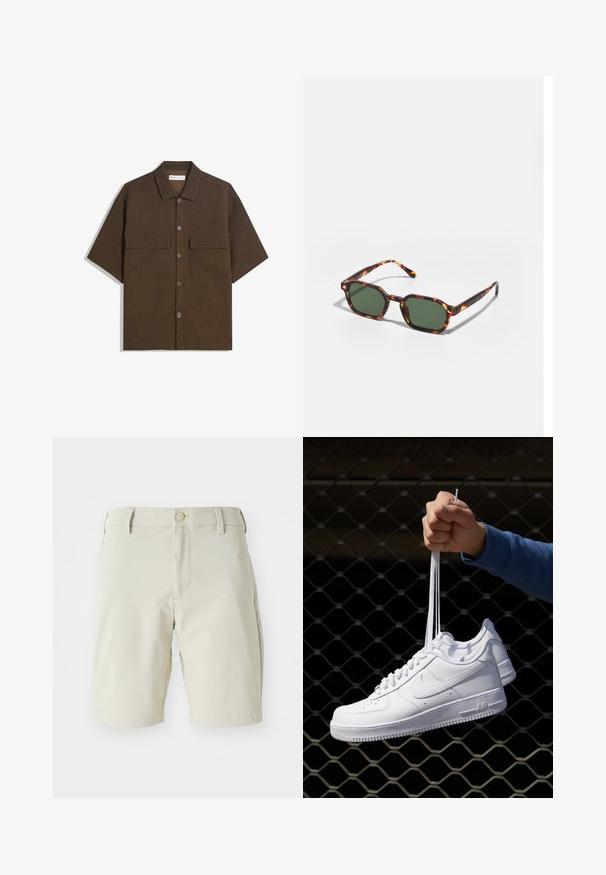 Koszula z krótkim rękawem, ciemnobrązowa, wykonana z fakturowanej tkaniny. Posiada zapięcie na guziki z przodu oraz dwie kieszenie na piersi. Casualowy design z luźnym krojem.; Beżowe szorty wykonane z lekkiego materiału, z płaskim przodem, szlufkami na pasek i pojedynczym zapięciem na guzik. Prosty, czysty design bez wzorów.; Białe skórzane sneakersy z perforacjami, okrągłym noskiem, płaską podeszwą i grubymi sznurówkami, z widocznym logo swoosh i napisem „AIR” na pięcie.; Okulary przeciwsłoneczne w kolorze żółwim z zielonymi soczewkami, o ośmiokątnym kształcie i cienkich, zakrzywionych ramionach. Materiał ma błyszczące wykończenie.