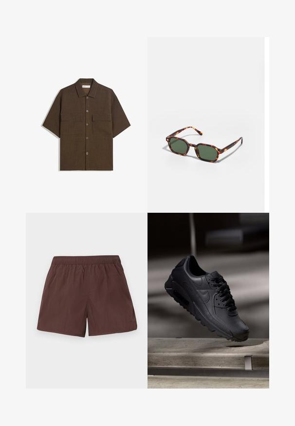 Košulja s kratkim rukavima, tamnosmeđe boje, izrađena od teksturirane tkanine. Ima kopčanje dugmadi sprijeda i dvije džepove na prsima. Ležerni dizajn s opuštenim krojem.; Smeđi šortsevi s elastičnim pojasom i glatkim, laganim materijalom. Imaju jednostavan dizajn bez uzoraka ili vidljivih dodataka.; Crne Nike Air Max tenisice s gornjim dijelom od teksturirane kože, gumeni potplat i istaknuti sistem vezanja, koji prikazuje elegantan, moderan dizajn.; Tortoiseshell sunčane naočale s zelenim lećama, sa osmerokutnim oblikom i tankim, zakrivljenim drškama. Materijal ima sjajnu završnu obradu.