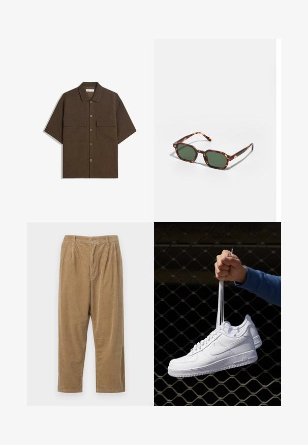 Kurzärmliges, dunkelbraunes Hemd aus strukturiertem Stoff. Verfügt über eine Knopfleiste und zwei Brusttaschen. Lässiges Design mit entspannter Passform.; Cordhosen in einem hellbraunen Farbton mit einem strukturierten Rippmuster, ausgestattet mit einem Knopfverschluss und lockerer Passform.; Weiße Leder-Sneaker mit Perforationen, runder Zehenpartie, flacher Sohle und dicken Schnürsenkeln, mit sichtbar eingesticktem Swoosh-Logo und "AIR" an der Ferse.; Schildpatt-Sonnenbrille mit grünen Gläsern, in einer achteckigen Form und schlanken, gebogenen Bügeln. Das Material hat eine glänzende Oberfläche.