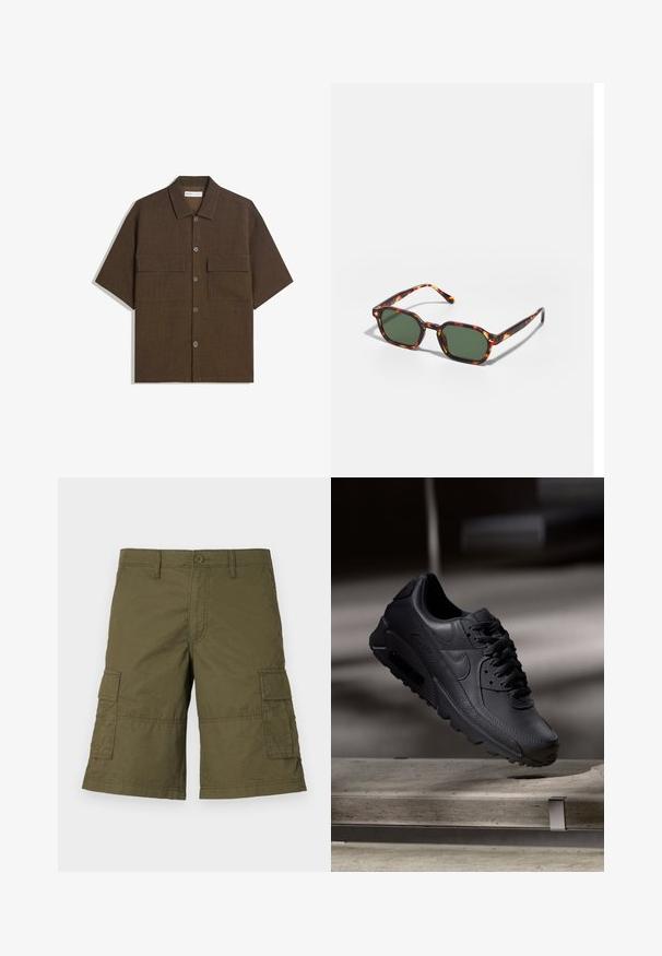 Short-sleeve, dark brown shirt made of textured fabric. Features a button-down front and two chest pockets. Casual design with a relaxed fit.; Olive green cargo shorts with a button closure, multiple side pockets, and stitched detailing. Made from durable fabric with a relaxed fit.; Black Nike Air Max sneakers with a textured leather upper, rubber sole, and prominent lacing system, showcasing a sleek, modern design.; Tortoiseshell sunglasses with green lenses, featuring an octagonal shape and slim, curved arms. Material has a glossy finish.
