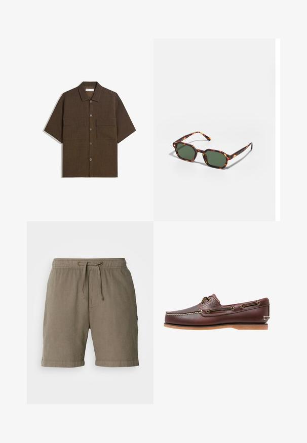 Chemise à manches courtes, marron foncé, en tissu texturé. Présente un devant boutonné et deux poches poitrine. Design décontracté avec une coupe ample.; Shorts en lin beige avec une taille élastique et un cordon de serrage. Comprend des poches latérales et des ourlets retroussés pour un ajustement décontracté.; Bateau en cuir marron avec des coutures blanches, des lacets marron et une semelle en caoutchouc beige. Présente un logo sur le côté et des œillets en métal pour les lacets.; Lunettes de soleil en écaille de tortue avec des verres verts, présentant une forme octogonale et des branches minces et courbées. Le matériau a une finition brillante.