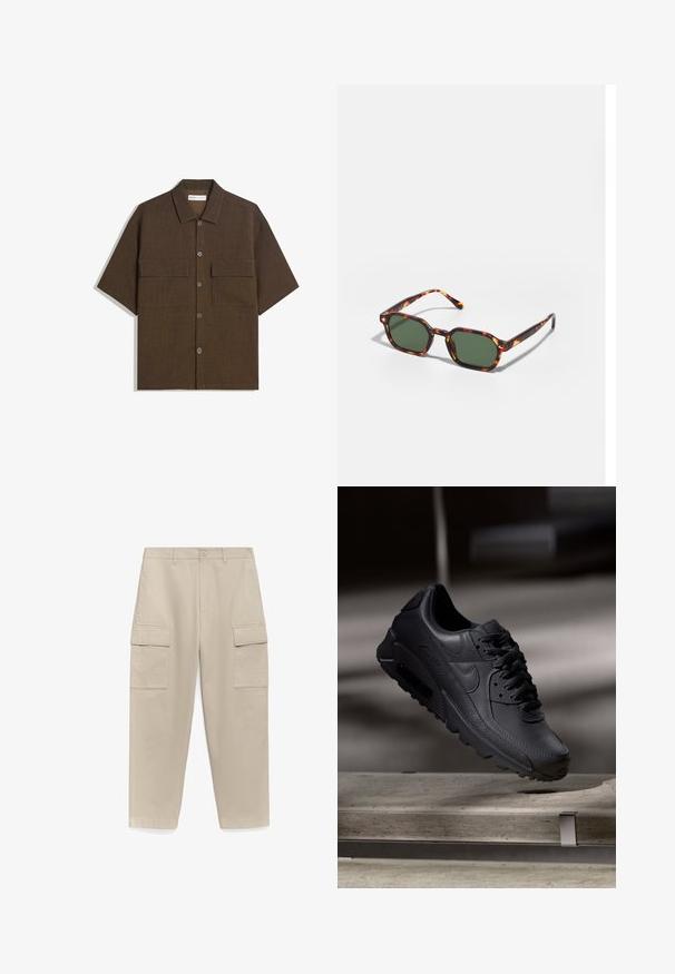 Camicetta a manica corta di colore marrone scuro realizzata in tessuto testurizzato. Presenta una chiusura a bottoni e due tasche sul petto. Design casual con vestibilità rilassata.; Pantaloni cargo beige con design a gamba dritta, dotati di due grandi tasche laterali e chiusura a bottone in vita. Tessuto di cotone leggero.; Sneakers Nike Air Max neri con tomaia in pelle textured, suola in gomma e sistema di allacciatura prominente, che mostrano un design elegante e moderno.; Occhiali da sole tartarugati con lenti verdi, dotati di una forma ottagonale e bracci sottili e curvi. Il materiale ha una finitura lucida.