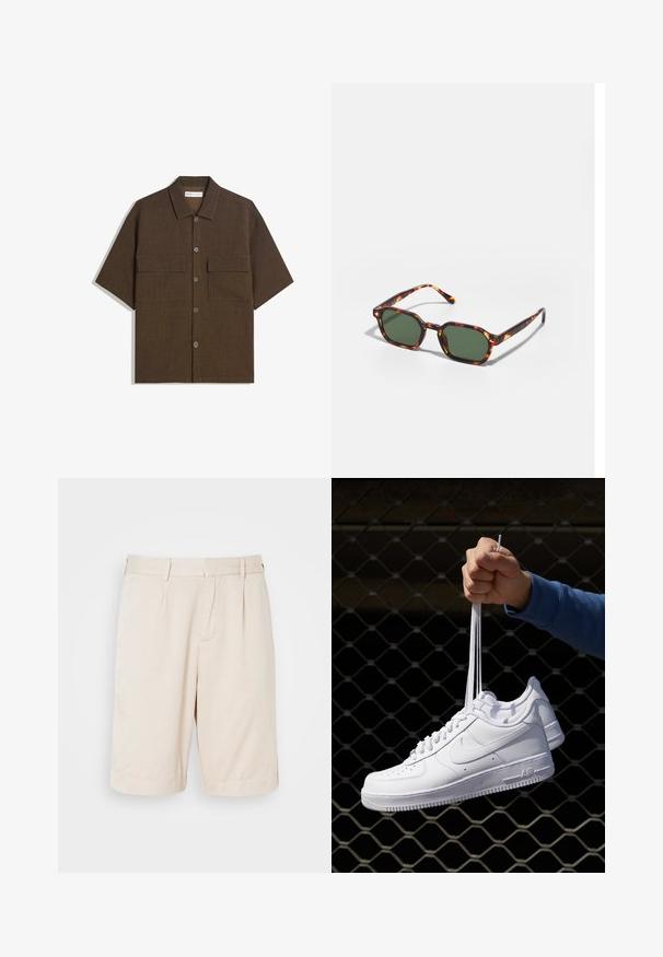 Krátký rukáv, tmavě hnědá košile z texturované látky. Má zapínání na knoflíky a dvě náprsní kapsy. Ležérní design s uvolněným střihem.; Béžové skládací šortky z hladkého materiálu, s bočními kapsami a rovný střih, vhodné pro volný čas.; Bílé kožené tenisky s perforacemi, kulatou špičkou, plochou podrážkou a silnými tkaničkami, které mají viditelné logo swoosh a nápis "AIR" na patě.; Kočičí brýle v barvě želvoviny se zelenými skly, s osmiúhelníkovým tvarem a úzkými, zakřivenými stranami. Materiál má lesklý povrch.