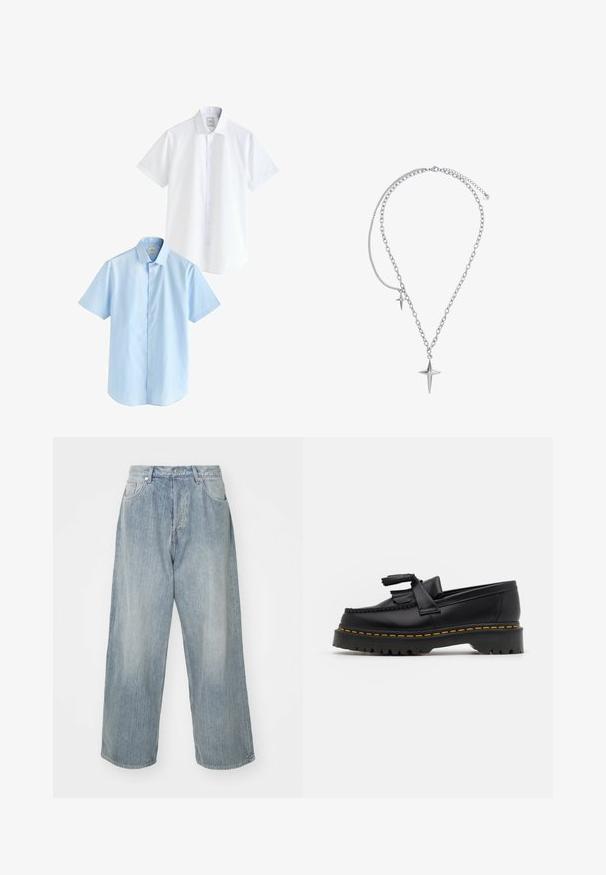 Zwei kurzärmelige Hemden: eines in Weiß und eines in Hellblau. Beide verfügen über eine knopfleiste, einen kragenförmigen Ausschnitt, glattes Baumwollgewebe und eine normale Passform.; Hellblaue Denim-Jeans mit lockerem Schnitt, hoher Taille, fünf Taschen und kontrastierenden Nähten. Sie haben ein gerades Bein-Design und saubere Säume.; Schwarze Lederloafers mit einem fransenverzierten Akzent, ausgestattet mit einer robusten schwarzen Sohle und gelber Naht entlang der Kante. Texturierte Oberfläche.; Heideman LUCA - Halskette - silberfarben poliert