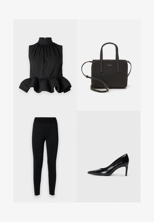 Črna brezrokavna bluza z visokim ovratnikom, nabrano blago in razširjenim robom z volančkom. Gladka tekstura s skritim zadrgo na hrbtu.; Črne legice z rebrastim pasom, izdelane iz teksturiranega blaga z rahlim metallicnim sijajem, z zadrgami na gležnjih.; Črna usnjena črna čevlja na visokem petu z zašiljenim prstom, gladko teksturo in zoženim peto. Minimalističen dizajn, brez dodatnih okraskov.; Črna torbica z dvema kratkima ročajema in odstranljivim naramnim trakom. Gladek usnju podoben material z zadrgo in podrobnostmi z logotipom.