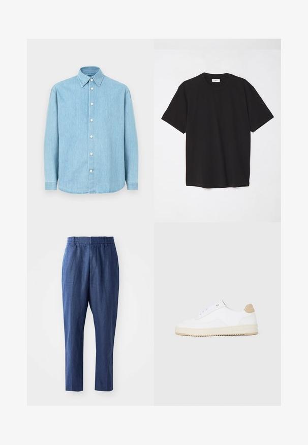 Svetlomodrá riflová košeľa s dlhým rukávom a zapínaním na gombíky, so špicatým golierom a bielymi gombíkmi, vystavená na jednotnom pozadí.; Čierne bavlnené tričko s okrúhlym výstrihom, krátkymi rukávmi a voľným strihom. Jednoduchý dizajn, hladká textúra a žiadne viditeľné vzory ani logá.; Námornícke modré ľanové nohavice s voľným strihom, elastickým pásom a zúženými nohami. Disponujú hladkou textúrou a minimálnymi stehmi.; Biele nízke tenisky s textúrovaným koženým zvrškom, krémovou drážkovanou podrážkou a akcentom v hnedej farbe na podpätku. Majú biele šnúrky a detail loga na päte.
