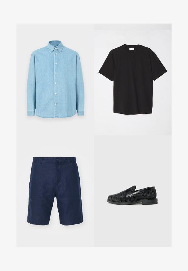 Camicia in denim azzurro chiaro a maniche lunghe con colletto appuntito e bottoni bianchi, esposta su uno sfondo neutro.; T-shirt in cotone nero con colletto a girocollo, maniche corte e vestibilità comoda. Design semplice, texture liscia e senza motivi o loghi visibili.; Pantaloni corti in lino blu navy con chiusura a bottone, design dritto, texture liscia e stile minimalista.; Scarpa nera a mocassino intrecciata con un accentuato in pelle liscia sulla parte superiore, design a punta rotonda e suola in gomma a profilo basso.