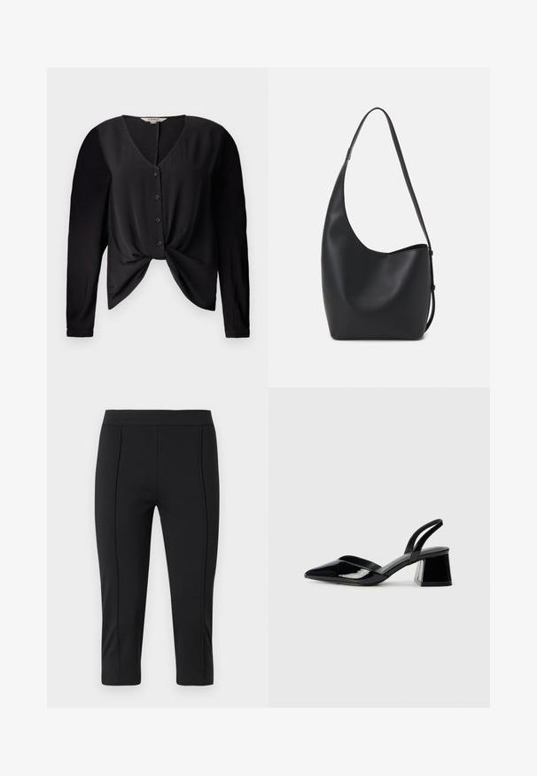Juoda palaidinė su V formos iškirpte, ilgomis rankovėmis ir mygtukų užsegimu priekyje. Yra mazgo detalė juosmens srityje ir sklandi audinio tekstūra.; Juodos capri kelnės, pagamintos iš tamprus audinys su lygiu paviršiumi, turinčios prigludusią taliją ir siūlių detalizavimą priekyje.; Juodos lakuotos odinės šlepetės su smailiu pirštu ir geometriniu bloko kulnu. Turi elegantišką, minimalistinį dizainą ir lygų paviršių.; Juodas odinis hobo maišas su lygiu paviršiumi, kreipta forma ir viena reguliuojama rankena; turi platų atidarymą viršuje.
