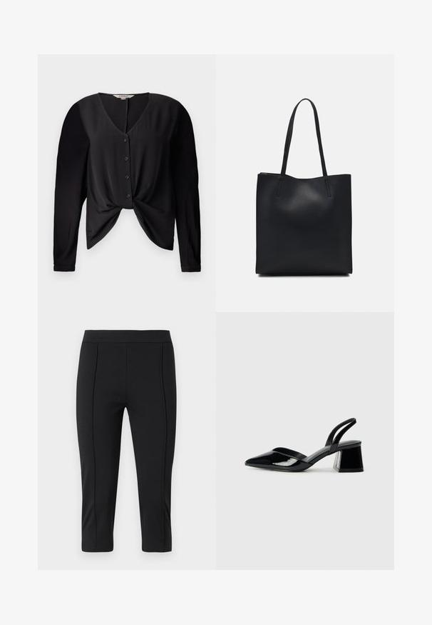 Čierna blúzka s V-výstrihom, dlhými rukávmi a predným zapínaním na gombíky. Obsahuje detaily uzla v oblasti pásu a hladkú textúru látky.; Čierne capri nohavice vyrobené z elastického materiálu s hladkou textúrou, s priliehavým pásom a švom pozdĺž prednej časti.; Čierne lakované kožené sandálové podpätky s špicatou špičkou a geometrickým blokovým podpätkom. Disponujú elegantným, minimalistickým dizajnom a hladkým povrchom.; Čierna kožená taška na rameno s hladkým povrchom, obdĺžnikovým tvarom a dvoma dlhými uchami. Bez viditeľného kovania alebo ozdôb.