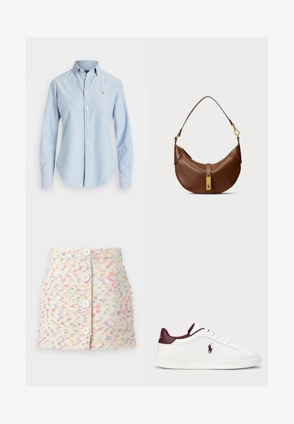 Hellblaues Button-Down-Hemd aus Baumwolle mit langen Ärmeln, spitzem Kragen und kleinem gesticktem Logo auf der linken Brust.; Gewebter Minirock in hellem Creme mit bunten Sprenkeln. Mit vier großen weißen Knöpfen auf der Vorderseite und einer strukturierten Oberfläche.; Weiße Ledersneaker mit burgunderfarbenen Akzenten, runder Zehenpartie, geprägtem Logo und flachen Schnürsenkeln. Strukturierte Sohle und glatte Oberflächendetails.; Braune Leder-Schultertasche mit geschwungener Form, goldenen Hardware-Details, Verschluss oben und einem Logo-Akzent. Glatte Textur mit genähten Kanten.