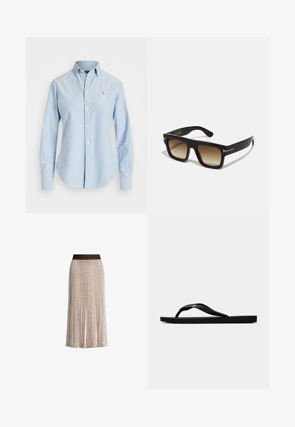 Light blue button-up shirt made of cotton, featuring long sleeves, a pointed collar, and a small embroidered logo on the left chest.; Pleated beige midi skirt with subtle geometric pattern and dark waistband featuring embossed "JOOP!" logo.; Black rubber flip-flop sandal with a textured thong strap and simple flat sole, shown from side on a plain light background.; Tortoiseshell sunglasses with a square frame, gradient brown lenses, and subtle gold hardware accents on the temples.
