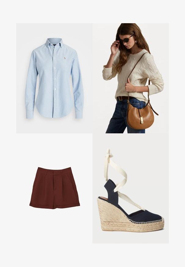 Camisa azul clara de manga larga, confeccionada en algodón, con cuello puntiagudo y un pequeño logo bordado en el lado izquierdo del pecho.; Shorts burdeos hechos de una tela suave, con un diseño clásico que presenta un frente plano, bolsillos laterales y un dobladillo enrollado.; Sandalia cuña de lona azul marino con suela de esparto y cintas de crema atadas al tobillo. Diseño de talón cerrado y puntera redonda.; Bolso de hombro de cuero marrón con forma curva y detalles en dorado. El modelo lleva un suéter de punto trenzado color crema y jeans azules.