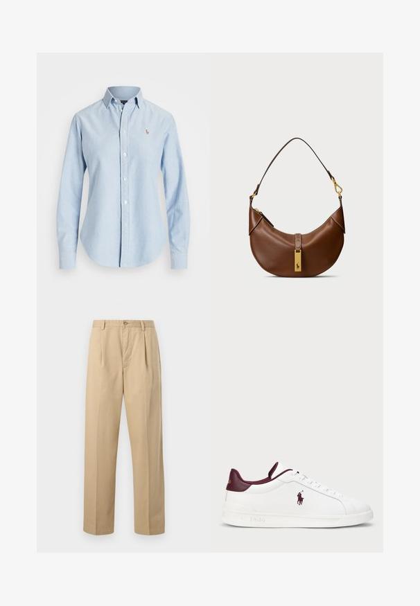Svetlo modrá košeľa na gombíky vyrobená z bavlny, so zdĺhavými rukávmi, špicatým golierom a malým vyšitým logom na ľavom prsníku.; Béžové nohavice s rovnými nohavicami, s pútkami na opasok, predným gombíkom, zipsovým zapínaním a záhybmi v páse, zobrazené na jednoduchom pozadí.; Biele kožené tenisky s bordovými akcentmi, okrúhlym špičkou, embosovaným logom a plochými šnúrkami. Textúrovaná podošva a hladké povrchové detaily.; Hnedá kožená taška cez rameno s oble tvarom, zlatým kovaním, detailom horného uzáveru a akcentom loga. Hladký povrch s prešitými okrajmi.