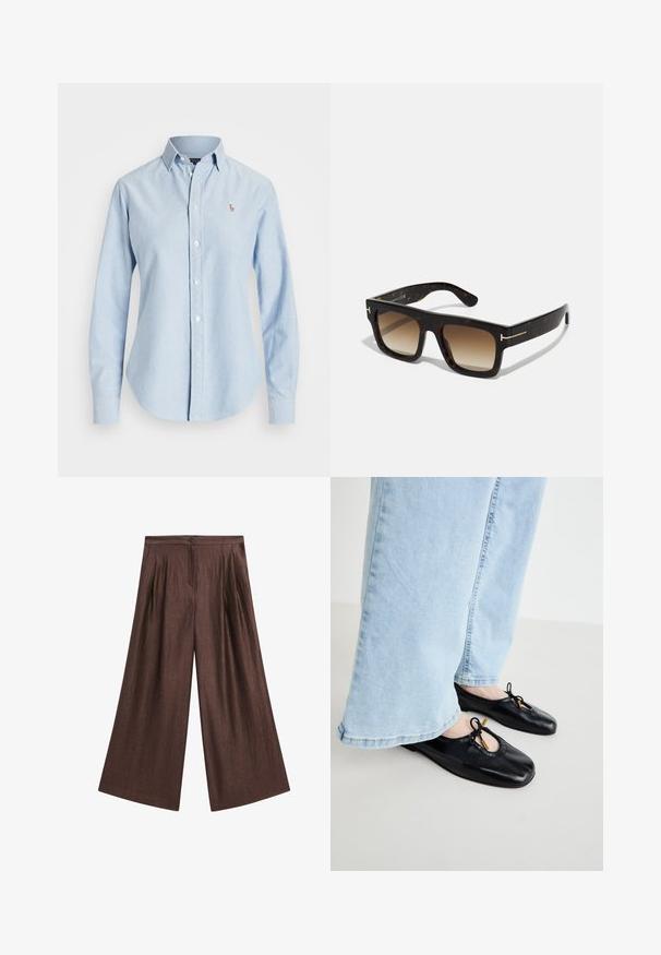Hellblaues Button-Down-Hemd aus Baumwolle mit langen Ärmeln, spitzem Kragen und kleinem gesticktem Logo auf der linken Brust.; Braune weite Hosen aus einem strukturierten Stoff. Mit vorderen Falten, einem Knopfverschluss und einem hohen Taillendesign.; Schwarze Leder-Ballettschuhe mit runder Zehenpartie, die mit einem Ausschnitt und einer Schleifendetail versehen sind, getragen mit hellblauen weit geschnittenen Jeans.; Schildpatt-Sonnenbrille mit quadratischem Rahmen, braunen verlaufenden Gläsern und subtilen goldfarbenen Hardware-Details an den Bügeln.