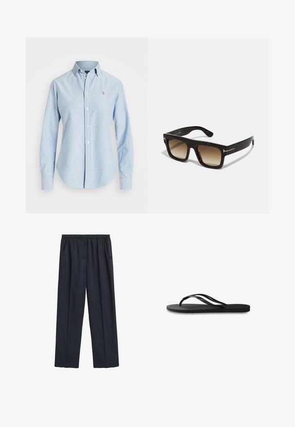 Chemise boutonnière bleu clair en coton, dotée de manches longues, d'un col pointu et d'un petit logo brodé sur le côté gauche de la poitrine.; Pantalons larges navy avec une taille élastique, deux poches latérales, texture de tissu douce et design fluide.; Tongs noires avec une semelle en caoutchouc texturée, deux fines lanières et un détail de logo embossé subtil sur la lanière.; Lunettes de soleil en écaille de tortue avec une monture carrée, des verres bruns dégradés et de subtile accents dorés sur les branches.; Sac fourre-tout en suede marron avec deux poignées douces, une bandoulière verticale avec un accent argenté et un large dessus ouvert. Texture lisse, design minimaliste.