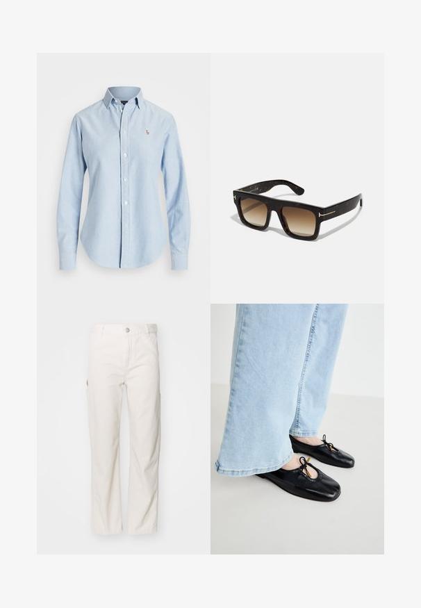 Világoskék, pamut anyagú ing, hosszan nyitható ujjal, hegyes gallérral, és egy kicsi, hímezett logóval a bal mellen.; Fehér vászon cargo nadrág egyenes fazonnal, oldalsó zsebekkel és gombos záróval a deréknál. Sima textúra.; Fekete bőr balettcipők lekerekített orral, kivágott és masni díszítéssel, világos kék, bő szárú farmerrel kombinálva.; Teknőc páncélszínű napszemüveg négyzet alakú kerettel, átmeneti barna lencsékkel és finom arany részletekkel a szárakon.