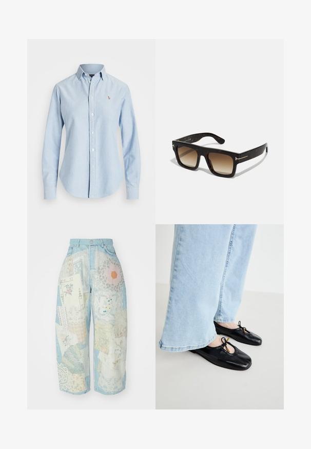 Cămașă călcată de culoare albastru deschis, confecționată din bumbac, cu mâneci lungi, guler ascuțit și un mic logo brodat pe pieptul stâng.; Pantaloni din denim cu un design patchwork, realizat din diverse țesături în nuanțe de albastru deschis, alb și culori pastelate, evidențiind modele din dantelă și florale.; Balerini din piele neagră cu vârf rotund, având o decupare și detaliu cu fundă, purtate cu blugi largi de culoare albastru deschis.; Ochelari de soare cu cadru pătrat din material tortoiseshell, lentile de nuanță maro în degradeu și accente de hardware aurii subtile pe brațe.
